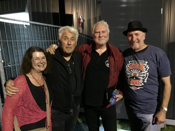 Backstage picture Australian fan Wayne Flanagan meeting the band members on August 03 2019 Steenwijkerwold Holland
